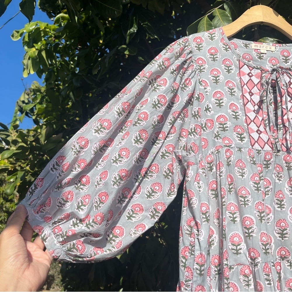 MAREA green pink floral border print cotton puff sleeve tiered mini dress - Picture 2 of 9